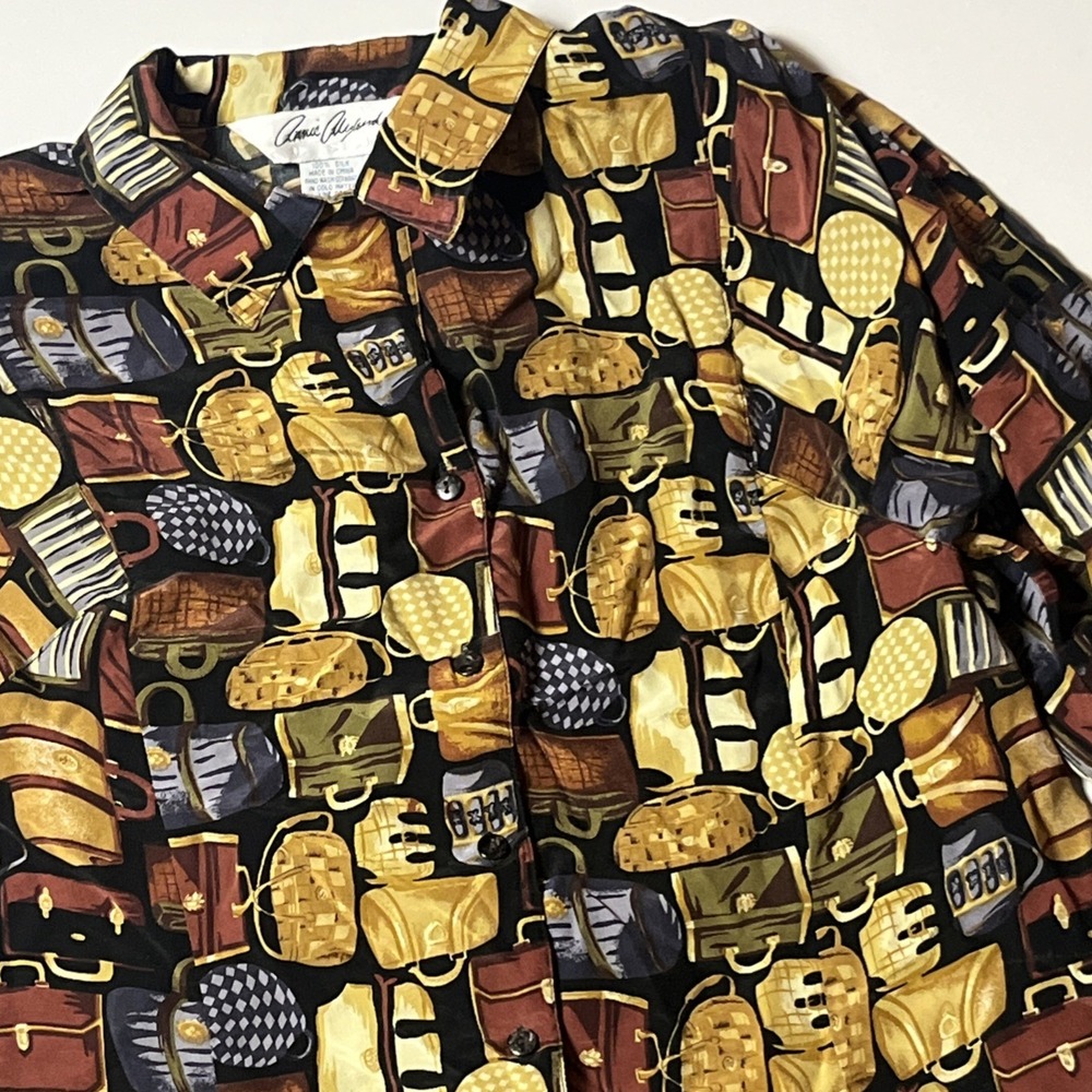 Annie Alexander Vintage 100% Silk Handbag Print Button Down Blouse Top Womens 12